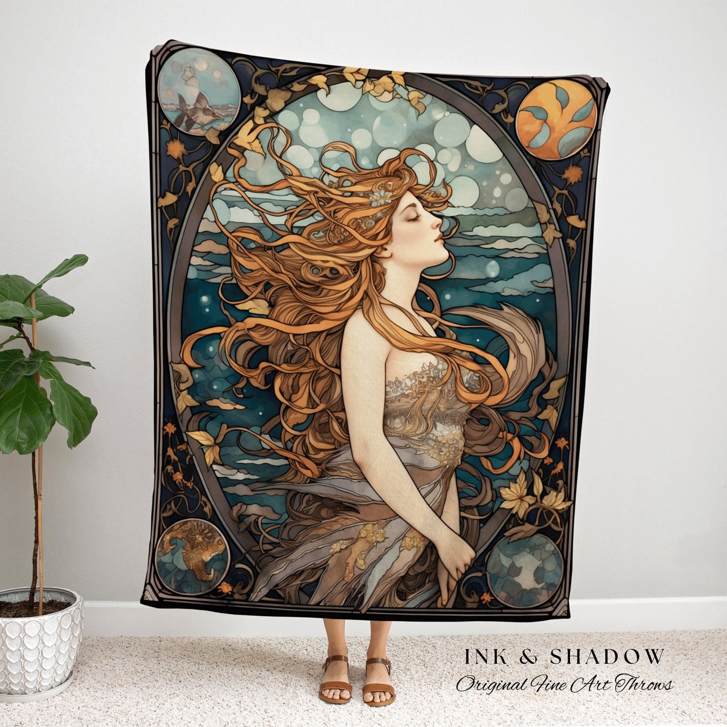 Sea Witch Art Nouveau Mermaid Tapestry Mermaidcore Wall Art Siren Celestial Decor Throw Blanket Woven | Mermaid Aesthetic Bedroom Decor |