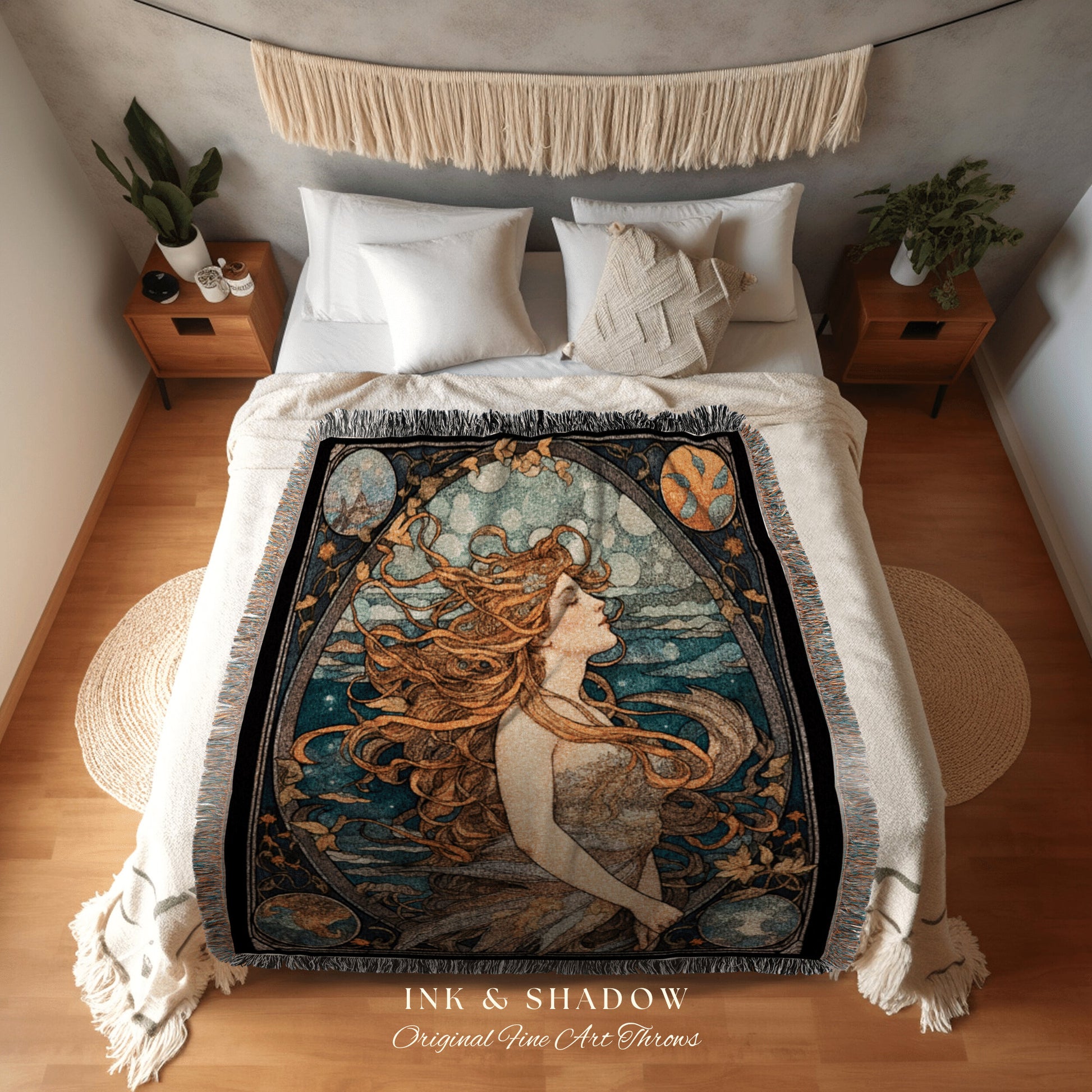 Sea Witch Art Nouveau Mermaid Tapestry Mermaidcore Wall Art Siren Celestial Decor Throw Blanket Woven | Mermaid Aesthetic Bedroom Decor |