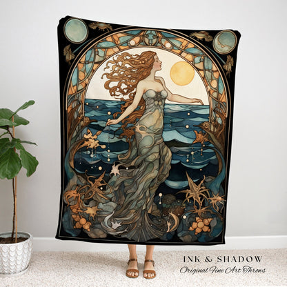 Queen of the Seashore Vintage Mermaid Tapestry Mermaidcore Wall Art Siren Celestial Decor Throw Blanket Woven | Art Nouveau Sea Witchy Decor