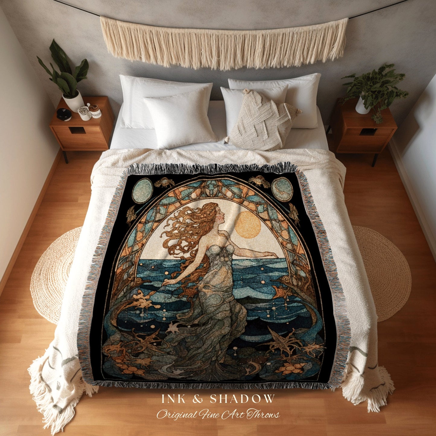 Queen of the Seashore Vintage Mermaid Tapestry Mermaidcore Wall Art Siren Celestial Decor Throw Blanket Woven | Art Nouveau Sea Witchy Decor