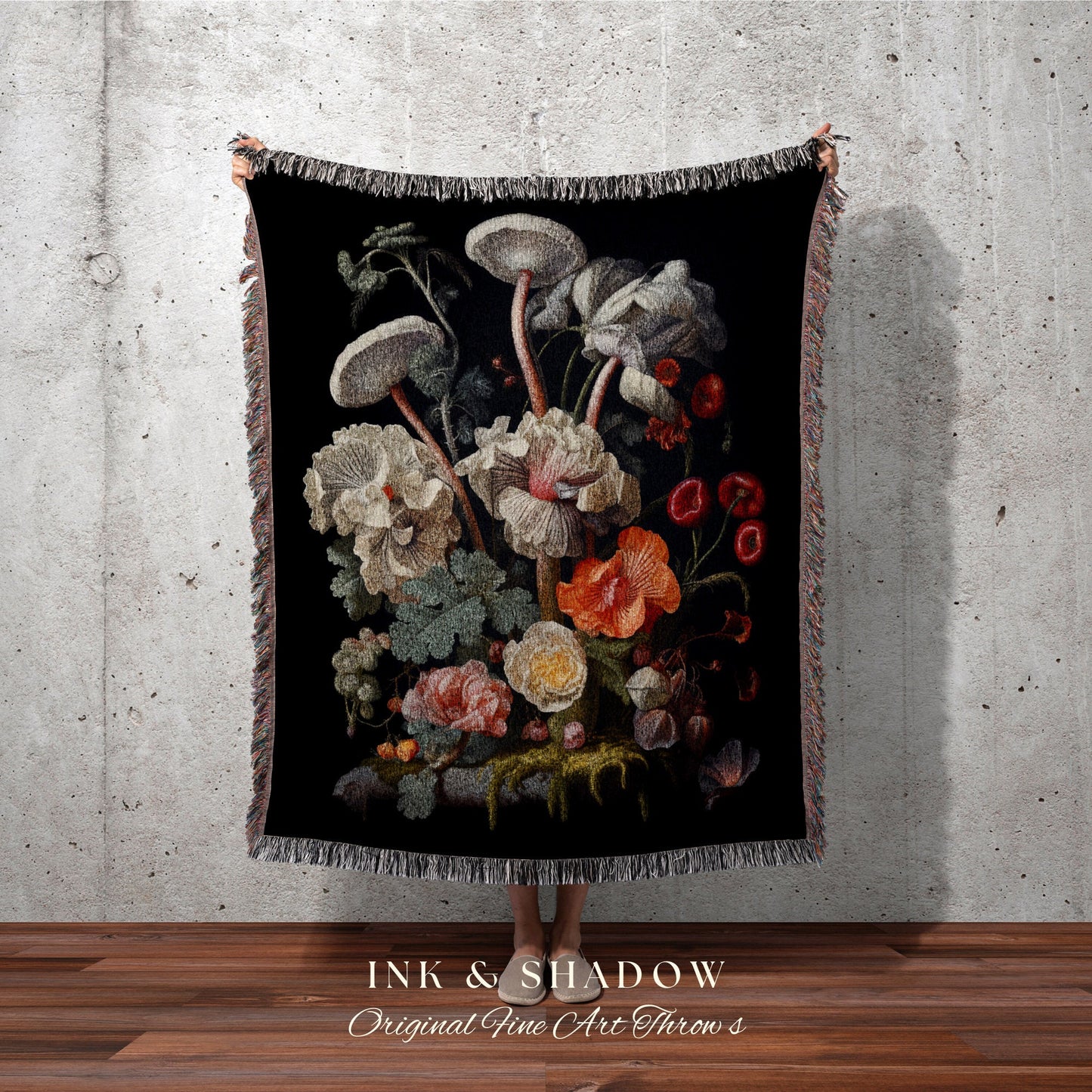 Whimsigoth Dark Floral Goth Tapestry Woven Wall Hanging | Jan Davidsz de Heem Flower Painting Blanket Woven | Baroque Decor Witchy Aesthetic