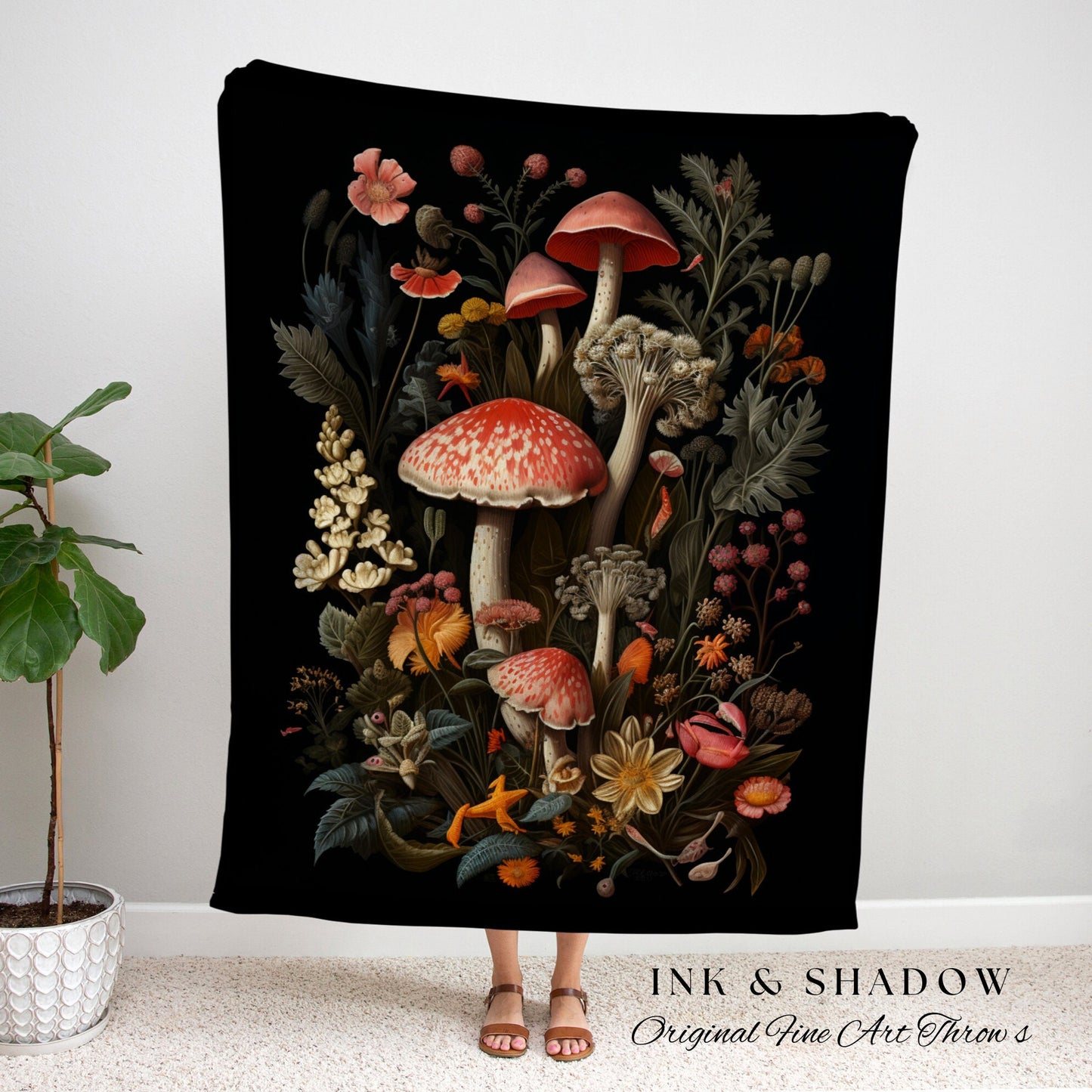 Mushroom Blanket Woven Wall Hanging | Vintage Mushroom Painting Tapestry Woven | Baroque Decor Witch Aesthetic Mushroom Tapestry Cottagecore