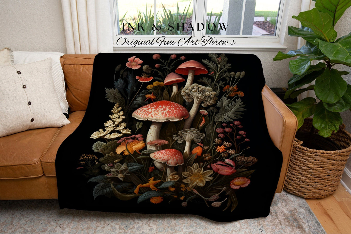 Mushroom Blanket Woven Wall Hanging | Vintage Mushroom Painting Tapestry Woven | Baroque Decor Witch Aesthetic Mushroom Tapestry Cottagecore