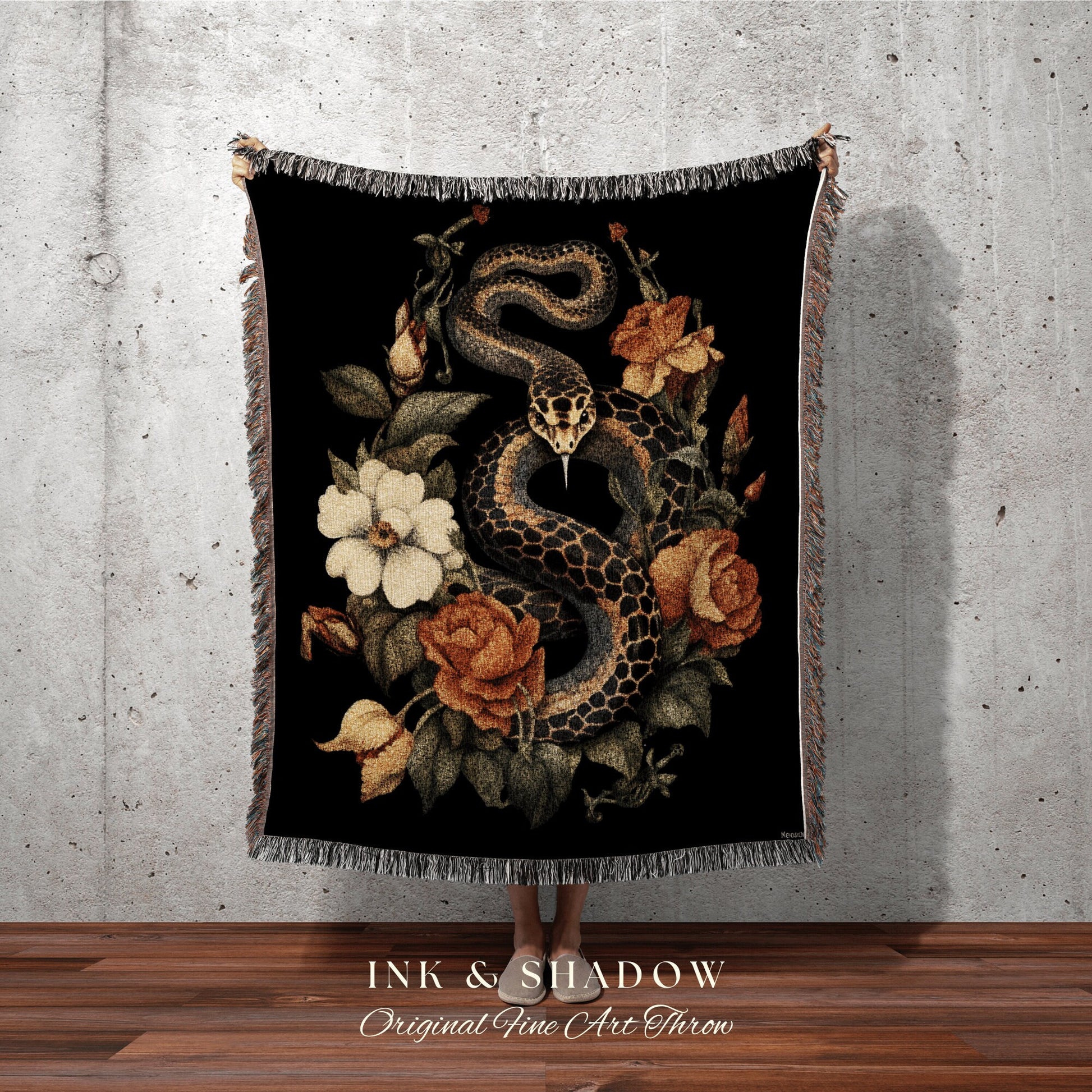 Snake Decor Desert Rose Tapestry Woven | Dark Academia Aesthetic Occult Decor Blanket Woven | Serpent Art Tapestry Gothic Room Decor Macabre