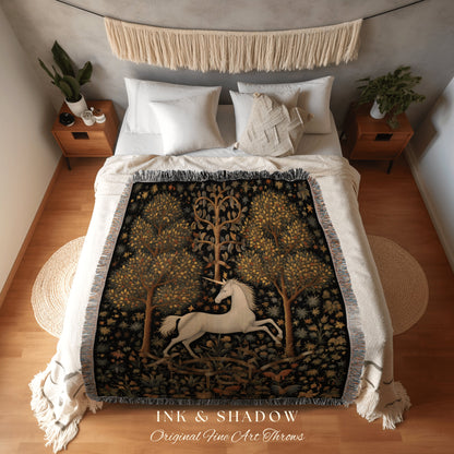 Medieval Unicorn Art Woven Throw Blanket Whimsical Room Decor Tapestry Cottagecore Fairycore Aesthetic Room Decor Magical Unicorn Tapestry