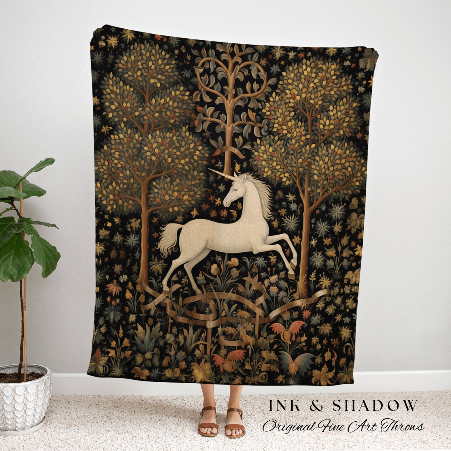 Medieval Unicorn Art Woven Throw Blanket Whimsical Room Decor Tapestry Cottagecore Fairycore Aesthetic Room Decor Magical Unicorn Tapestry