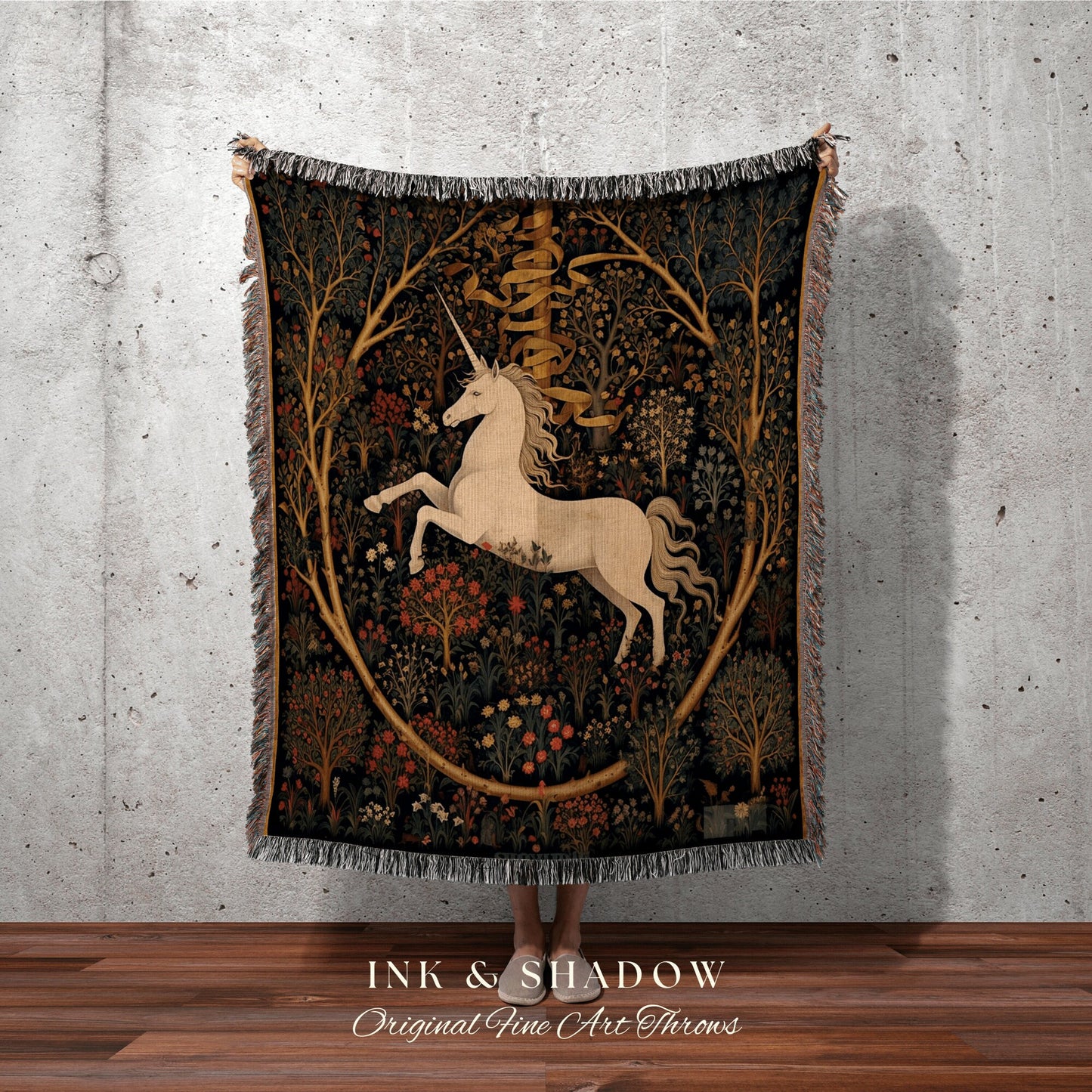 Unicorn Art Blanket Woven Tapestry | Medieval Room Decor Tapestry Cottagecore | Fairycore Aesthetic Room Decor Magical Tapestry Unicorn Art