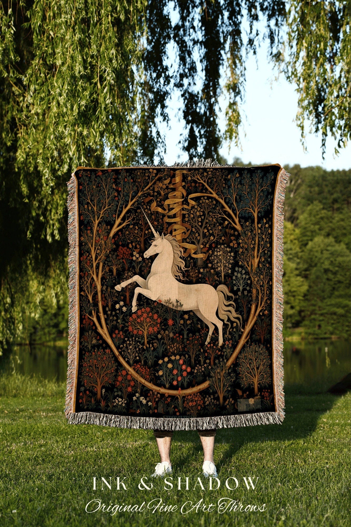 Unicorn Art Blanket Woven Tapestry | Medieval Room Decor Tapestry Cottagecore | Fairycore Aesthetic Room Decor Magical Tapestry Unicorn Art