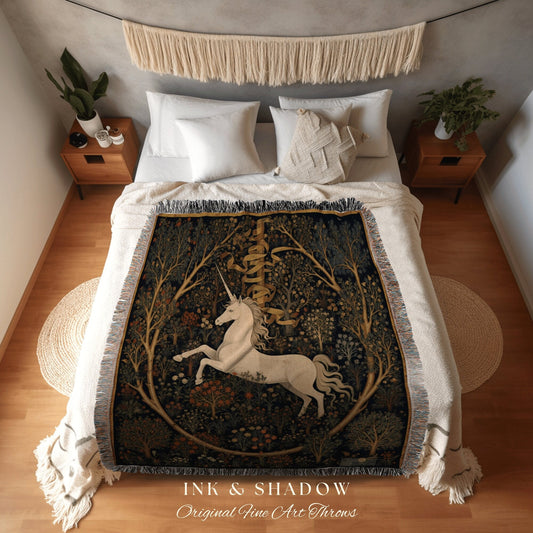 Unicorn Art Blanket Woven Tapestry | Medieval Room Decor Tapestry Cottagecore | Fairycore Aesthetic Room Decor Magical Tapestry Unicorn Art