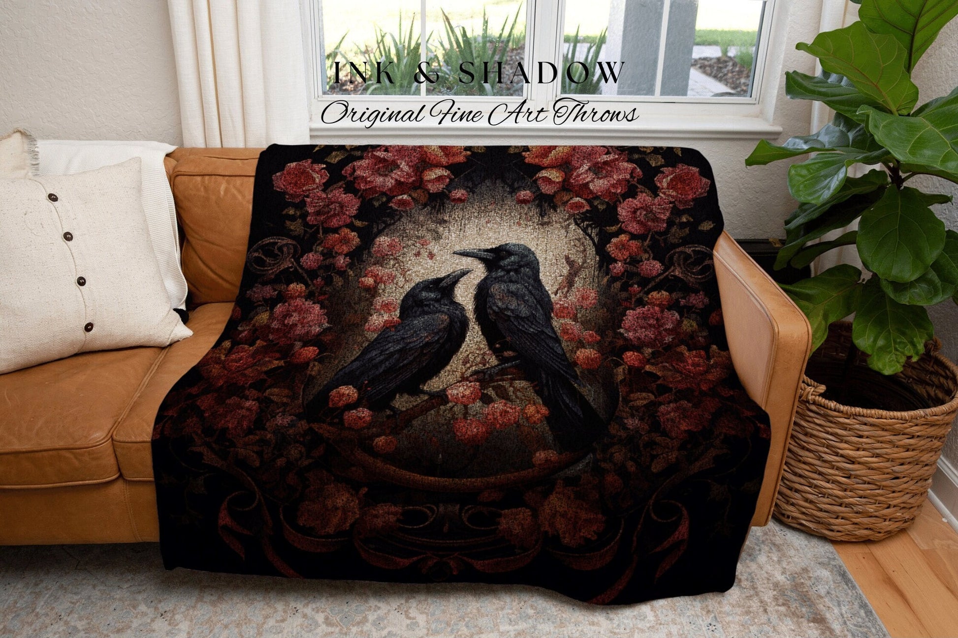 Dark Gothic Room Decor Raven Tapestry Vintage Blanket Woven | Crow Decor Dark Cottagecore Tapestry Woven Throw Blanket Whimsigoth Tapestry |