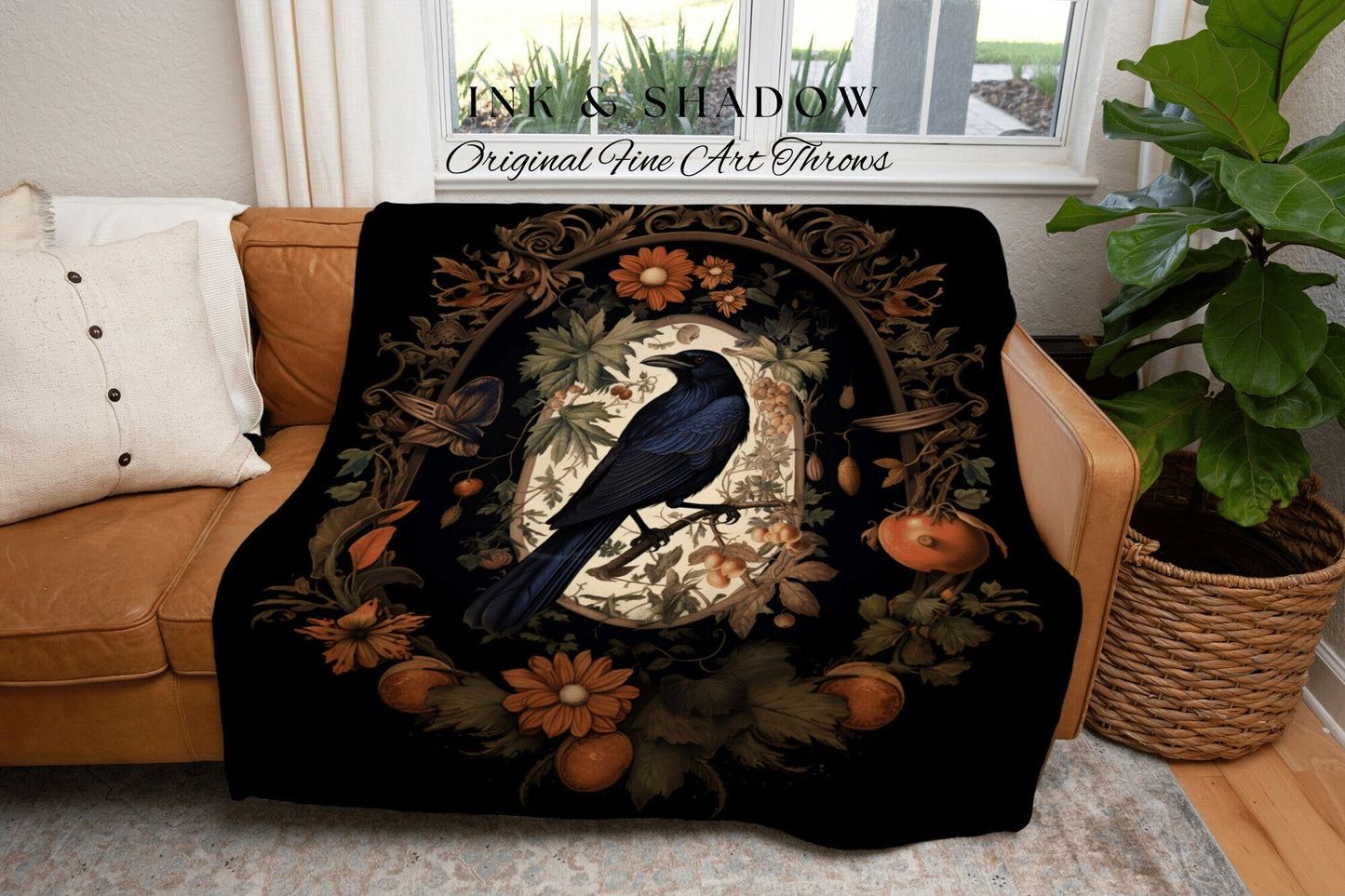 Crowcore Room Decor Gothic Crow Tapestry Vintage Blanket Woven | Black Crow Raven Decor Dark Floral Tapestry Woven Throw Blanket Tapestry |