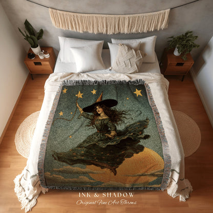 Lunar Witch Tapestry Woven Blanket Halloween Retro Aesthetic | Witchy Room Decor Goth Aesthetic Halloween Spooky | Antique Halloween Vintage