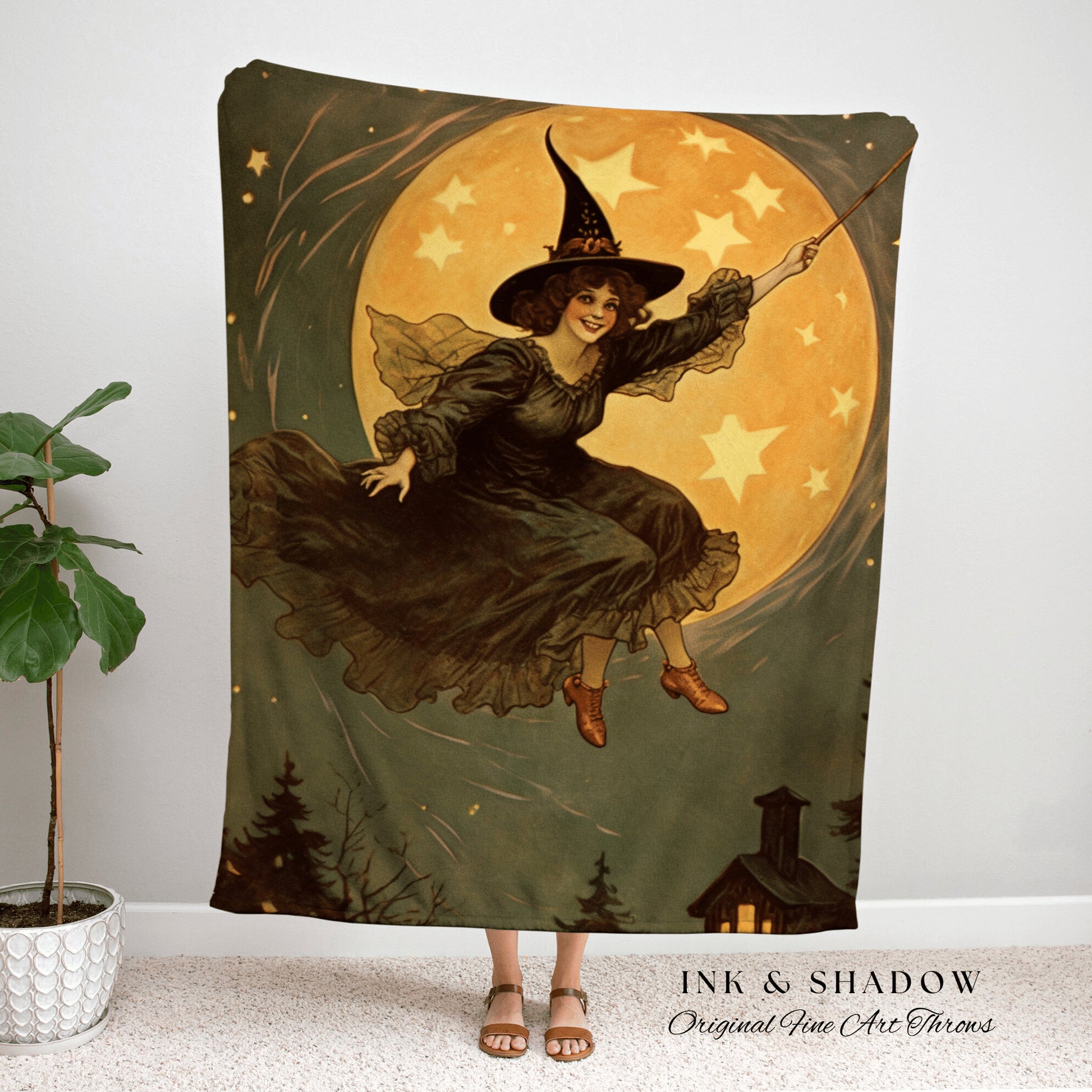 Full Moon Witch Blanket Tapestry Art Blanket Halloween Retro Aesthetic | Witchy Room Decor Goth Aesthetic Halloween | Antique Halloween Art