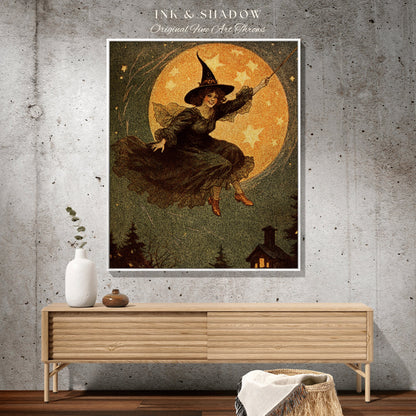 Full Moon Witch Blanket Tapestry Art Blanket Halloween Retro Aesthetic | Witchy Room Decor Goth Aesthetic Halloween | Antique Halloween Art