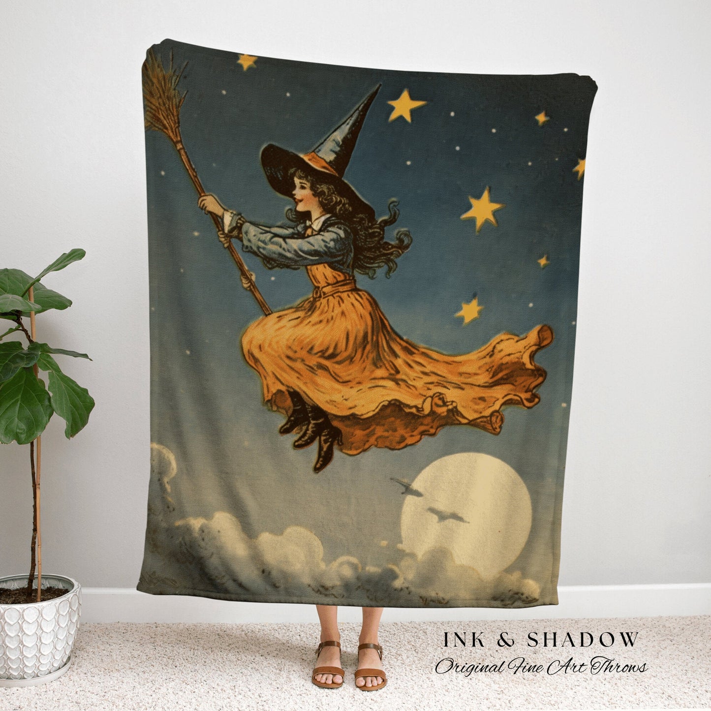 Broomstick Witch Tapestry Woven Blanket Halloween Retro Aesthetic | Witchy Room Decor Goth Aesthetic Halloween Spooky | Antique Halloween