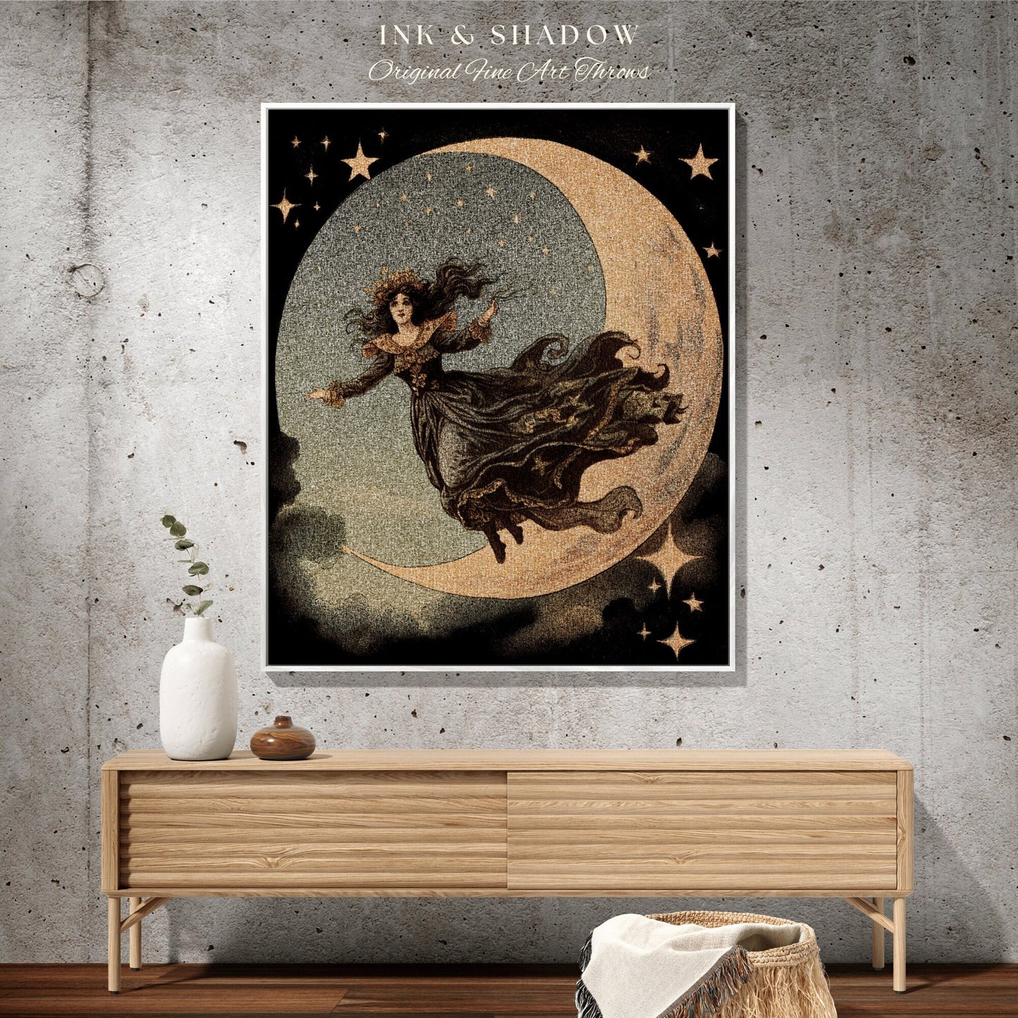 Halloween Night Moon Witch Celestial Tapestry Woven Blanket Halloween Retro Aesthetic | Witchy Room Decor Goth Aesthetic Halloween Spooky |