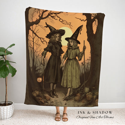 Whimsical Witchy Friends Tapestry Dark Cottagecore Blanket Halloween Gothic | Funny Tapestry Woven Blanket Goth Aesthetic Halloween Vintage