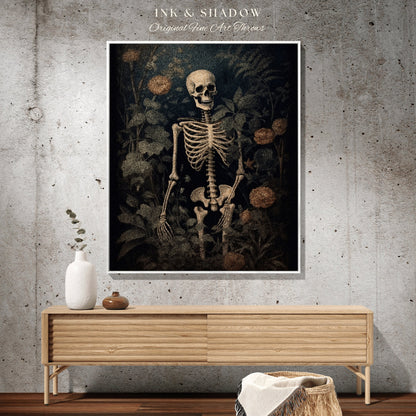 Botanical Skeleton Art Tapestry Woven Throw Blanket Vintage | Dark Academia Wall Decor Skeleton Painting Gothic Tapestry Nature