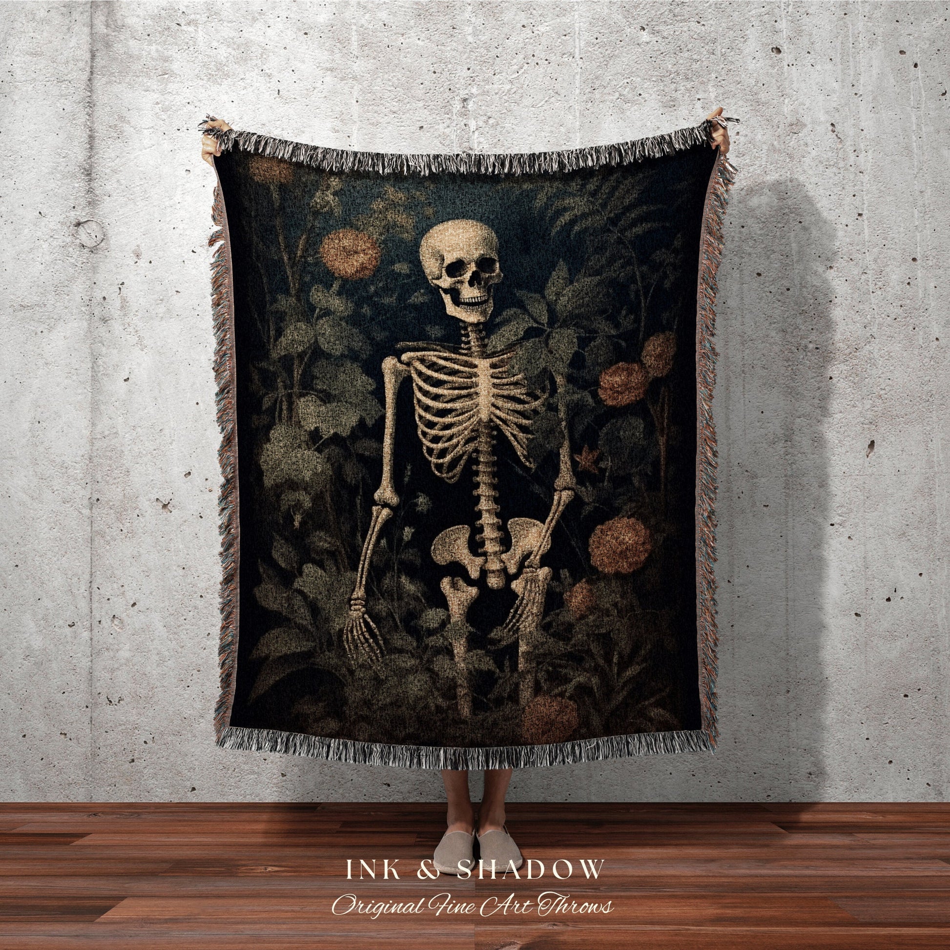 Botanical Skeleton Art Tapestry Woven Throw Blanket Vintage | Dark Academia Wall Decor Skeleton Painting Gothic Tapestry Nature