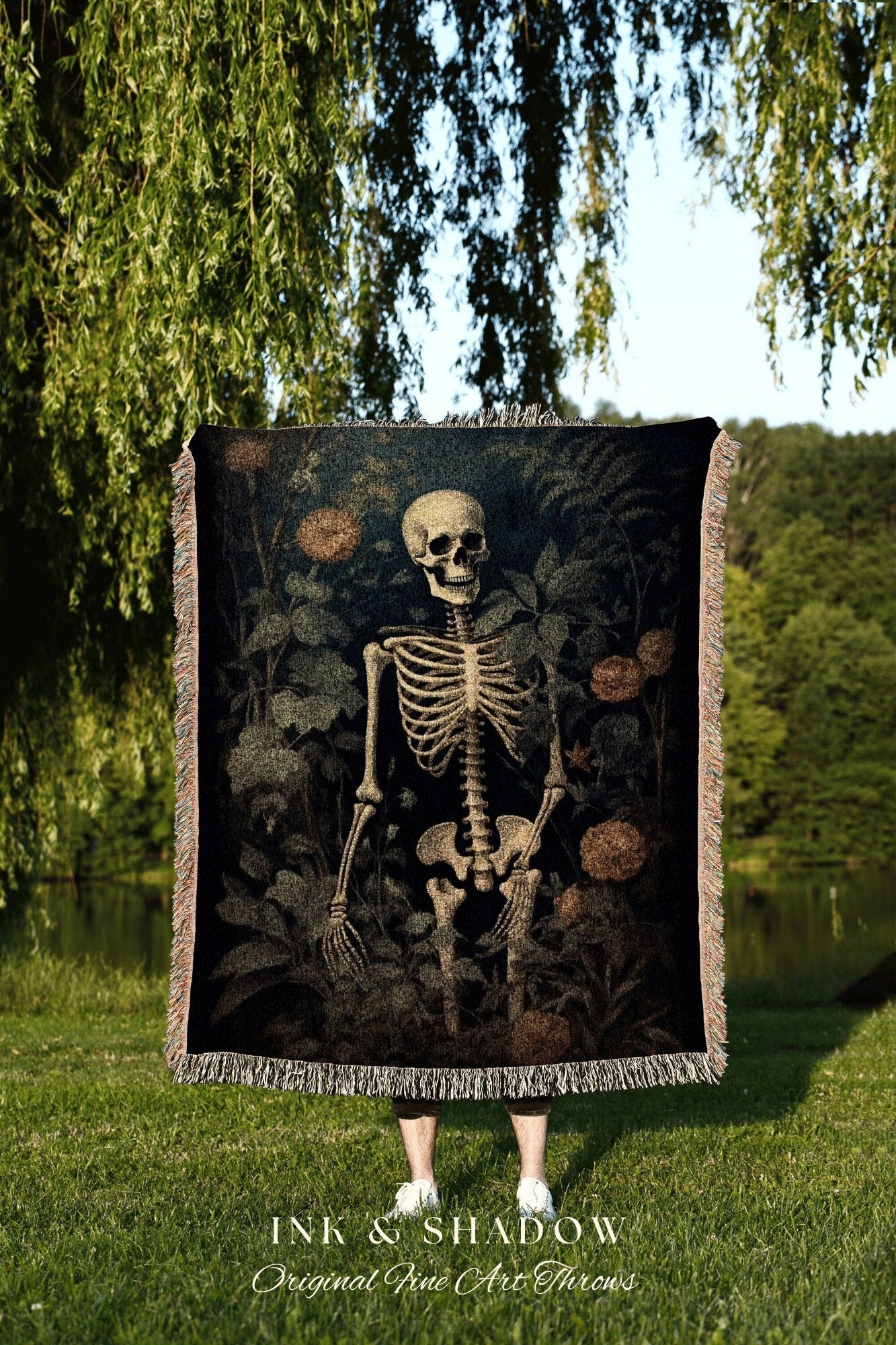 Botanical Skeleton Art Tapestry Woven Throw Blanket Vintage | Dark Academia Wall Decor Skeleton Painting Gothic Tapestry Nature