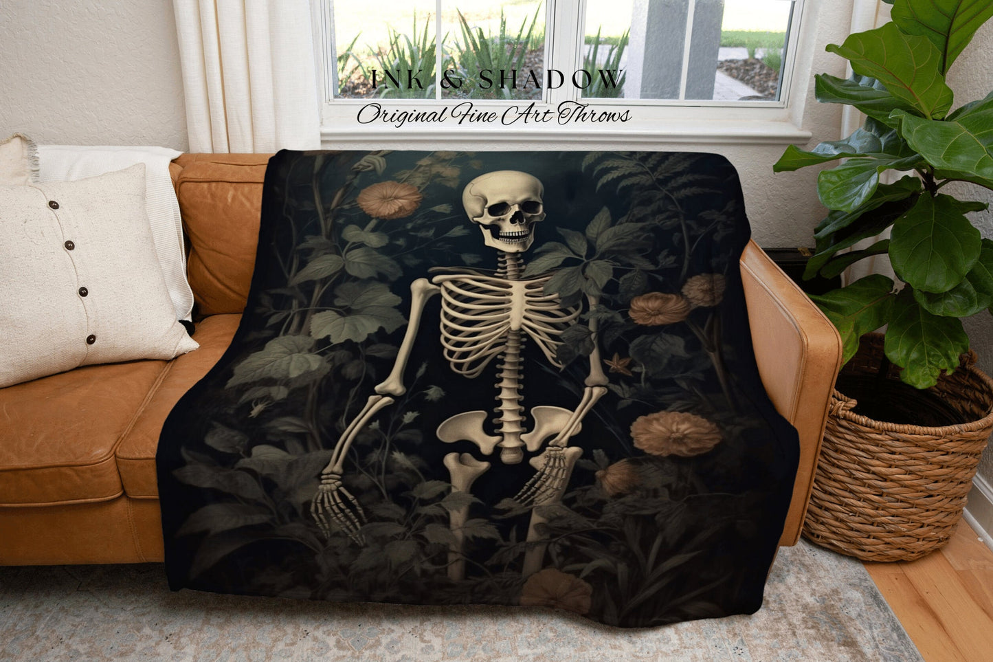 Botanical Skeleton Art Tapestry Woven Throw Blanket Vintage | Dark Academia Wall Decor Skeleton Painting Gothic Tapestry Nature