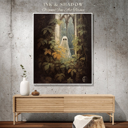 Haunted Ghost In Window Spooky Vibes | Fall Aesthetic Vintage Ghost Art Woven Tapestry Halloween Decor Dark Academia Wall Art Ghost Blanket