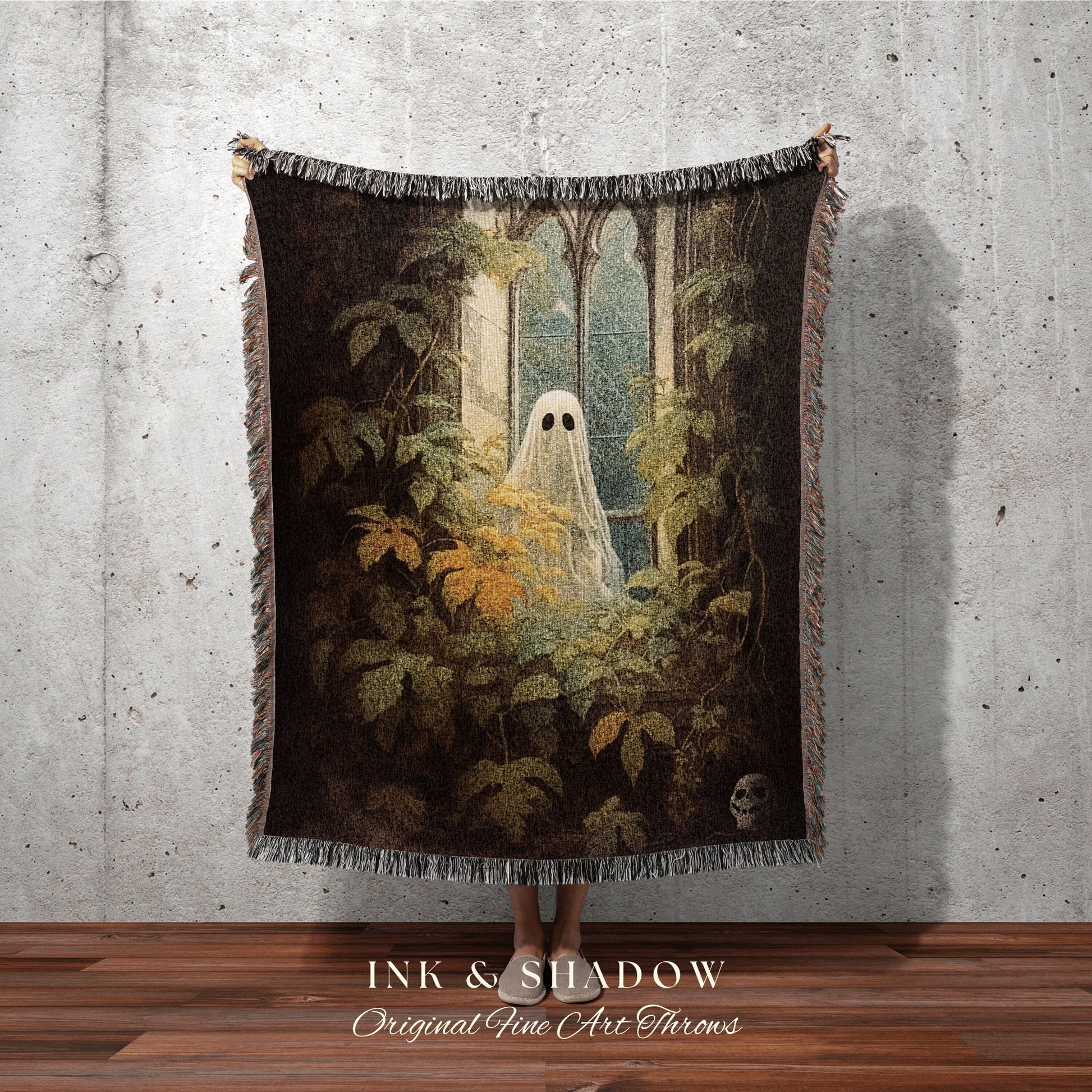 Haunted Ghost In Window Spooky Vibes | Fall Aesthetic Vintage Ghost Art Woven Tapestry Halloween Decor Dark Academia Wall Art Ghost Blanket