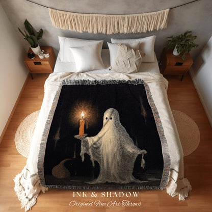 Ghost Holding A Candle | Vintage Halloween Decor Woven Wall Art Ghost Blanket | Spooky Vibes Ghost Art Original Haunted Ghost Goth Tapestry