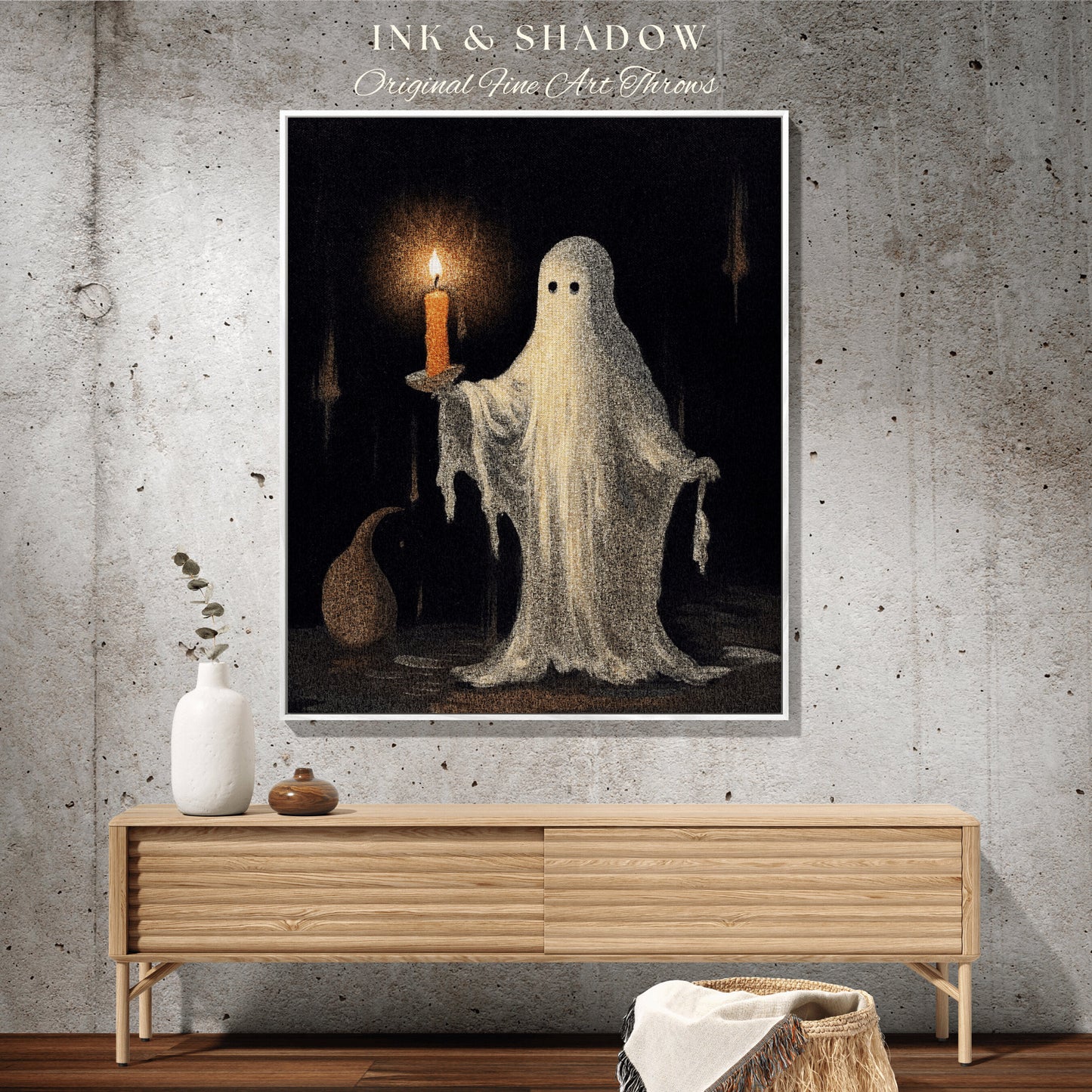 Ghost Holding A Candle | Vintage Halloween Decor Woven Wall Art Ghost Blanket | Spooky Vibes Ghost Art Original Haunted Ghost Goth Tapestry