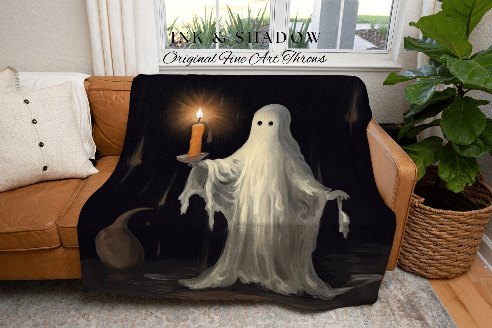 Ghost Holding A Candle | Vintage Halloween Decor Woven Wall Art Ghost Blanket | Spooky Vibes Ghost Art Original Haunted Ghost Goth Tapestry