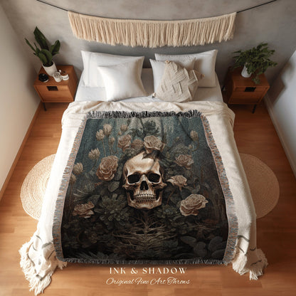 Dark Botanical Skeleton Art Tapestry Woven Throw Blanket Vintage | Dark Academia Wall Decor Skeleton Painting Gothic Tapestry Floral Gothic