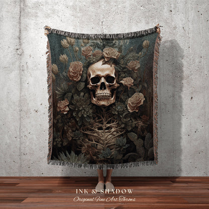 Dark Botanical Skeleton Art Tapestry Woven Throw Blanket Vintage | Dark Academia Wall Decor Skeleton Painting Gothic Tapestry Floral Gothic