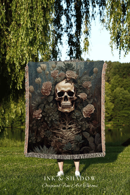 Dark Botanical Skeleton Art Tapestry Woven Throw Blanket Vintage | Dark Academia Wall Decor Skeleton Painting Gothic Tapestry Floral Gothic