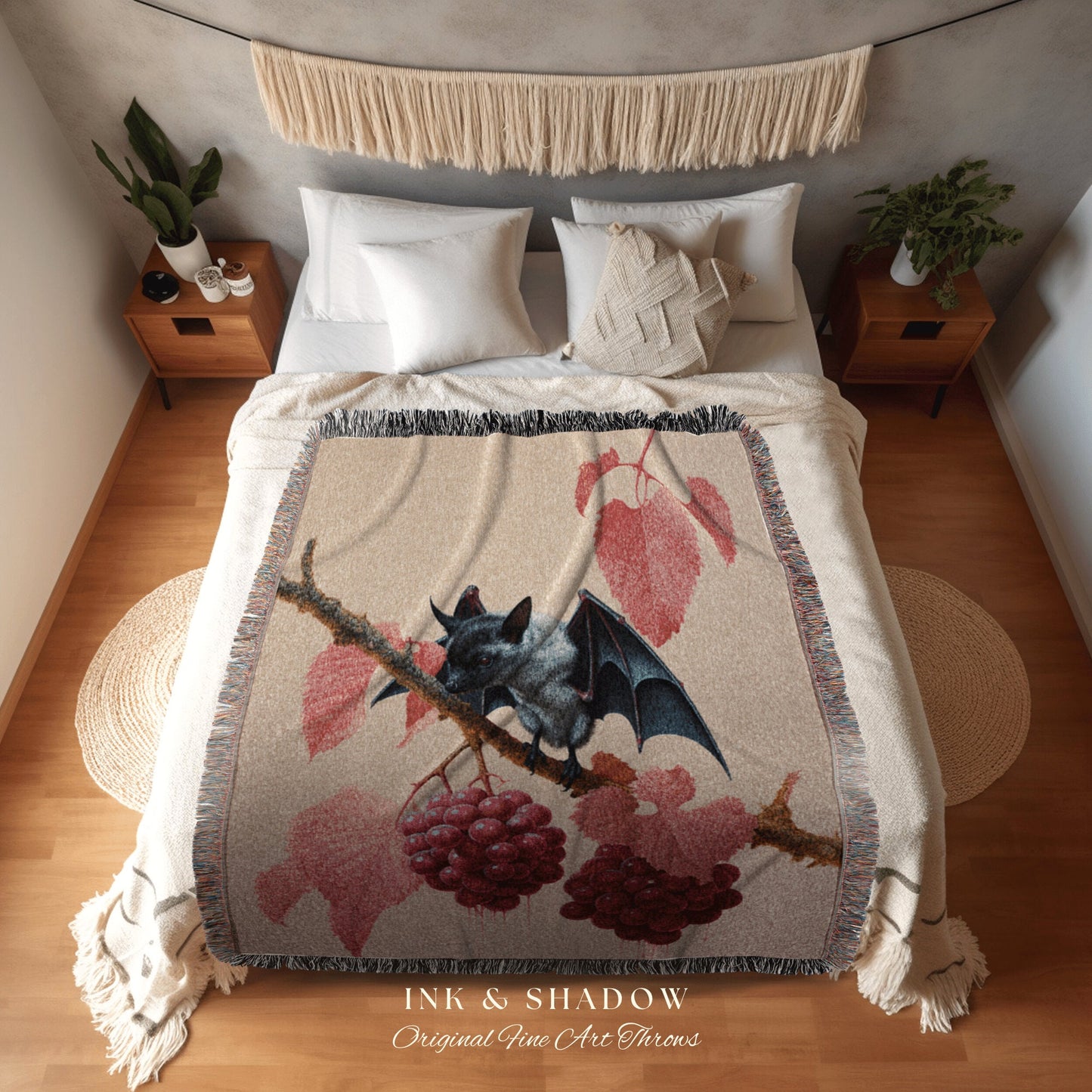 Raspberry Bat Blanket Woven Tapestry Cottagecore Decor | Pastel Goth Tapestry Pink Bedroom Decor Fruit Bat Pink Pastel Wall Art Whimsical |