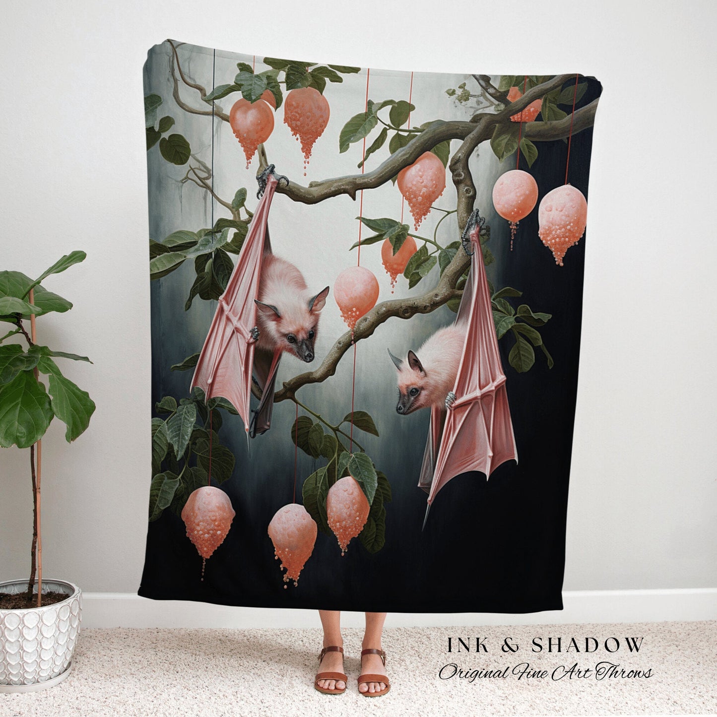 Victorian Gothic Pastel Pat Tapestry Bat Blanket Woven Throw Pink Decor | Pink Tapestry Dark Botanical Bat Art Gothic Decor Tapestry Pastel