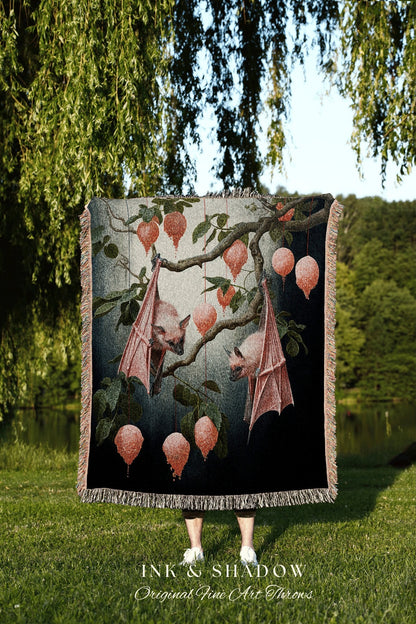 Victorian Gothic Pastel Pat Tapestry Bat Blanket Woven Throw Pink Decor | Pink Tapestry Dark Botanical Bat Art Gothic Decor Tapestry Pastel