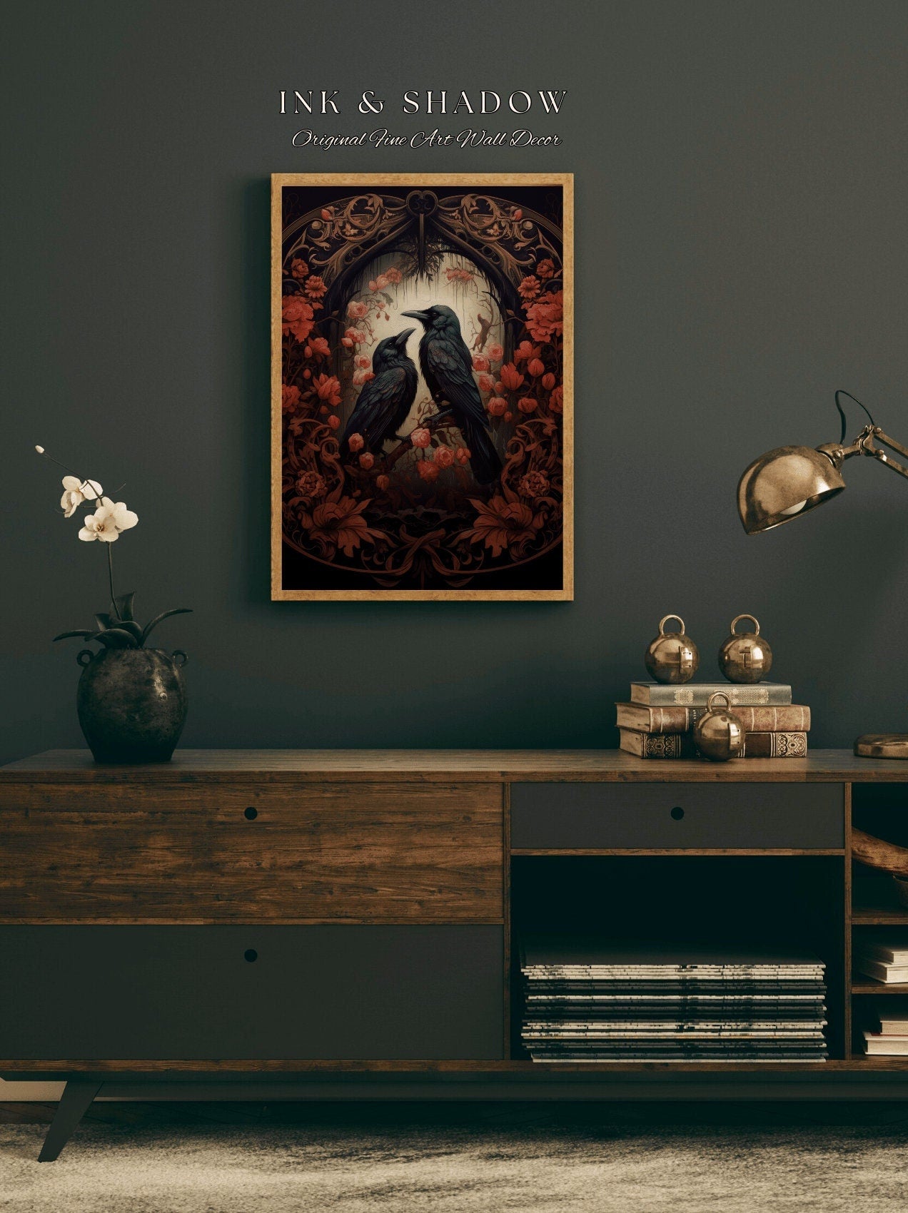 Roses and Crows Goth Poster Spooky Art Print | Whimsigoth Decor Crowcore Decor Dark Academia Poster Art Printable | Macabre Decor Occult |