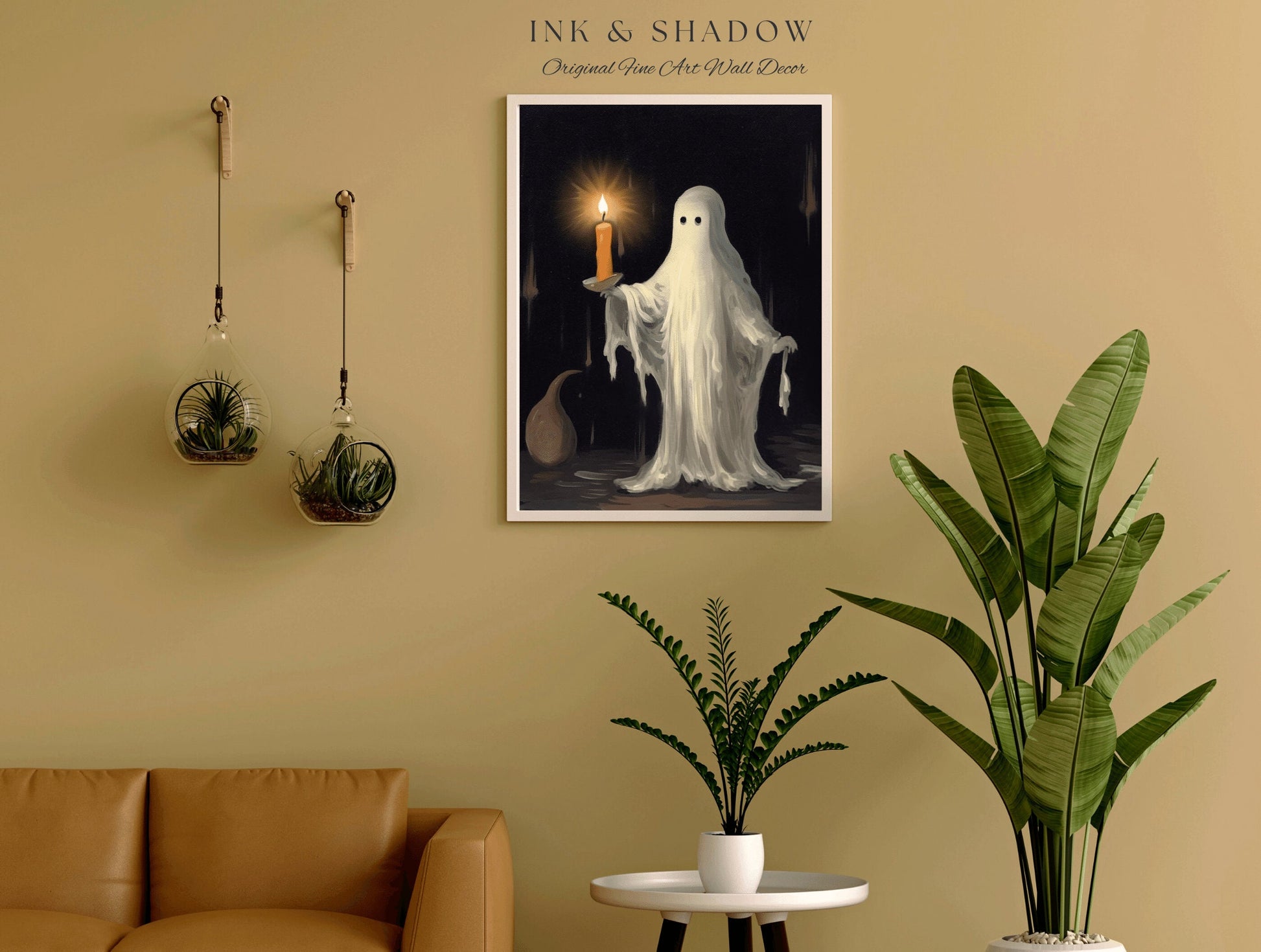 Vintage Ghost Holding a Candle | Dark Academia Ghost Art Print Halloween Lover Decor | Gothic Wall Decor Spooky Wall Art Ghost Painting |