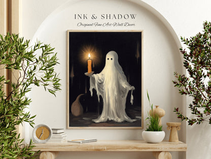 Vintage Ghost Holding a Candle | Dark Academia Ghost Art Print Halloween Lover Decor | Gothic Wall Decor Spooky Wall Art Ghost Painting |