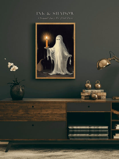 Vintage Ghost Holding a Candle | Dark Academia Ghost Art Print Halloween Lover Decor | Gothic Wall Decor Spooky Wall Art Ghost Painting |