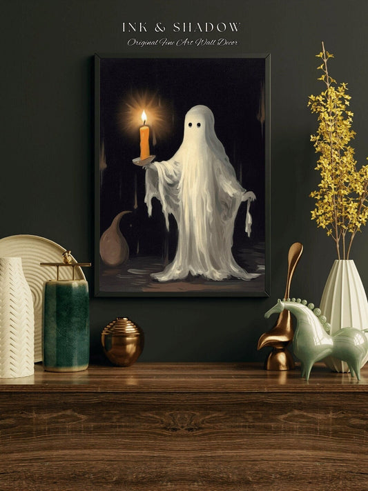 Vintage Ghost Holding a Candle | Dark Academia Ghost Art Print Halloween Lover Decor | Gothic Wall Decor Spooky Wall Art Ghost Painting |