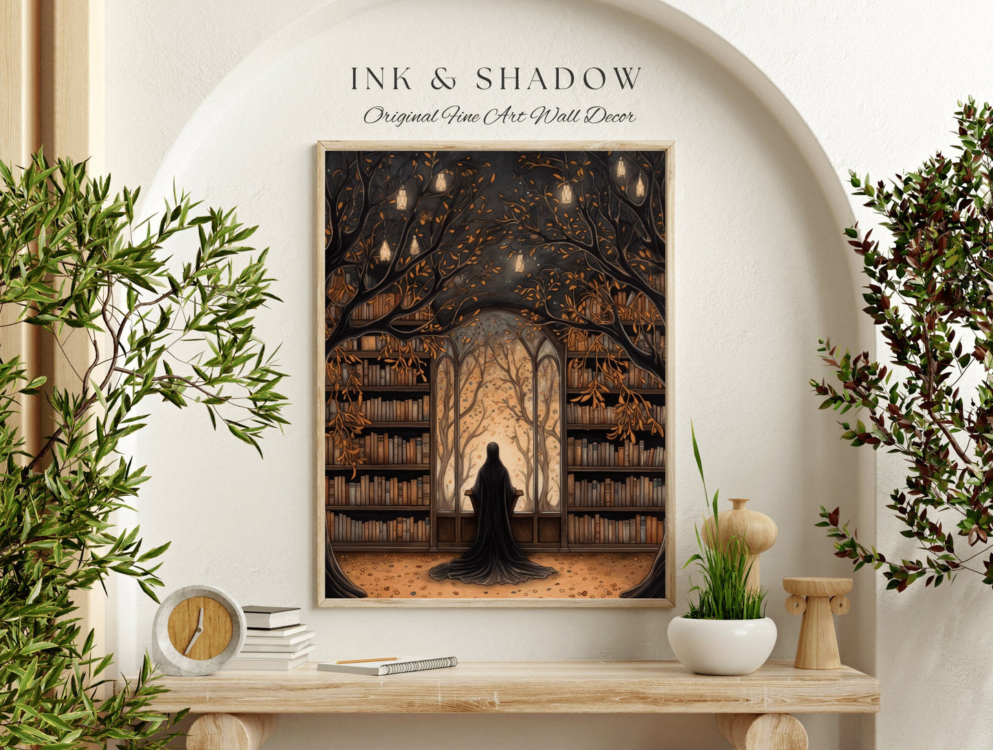 Dark Academia Wall Art Ghost in Library Autumn Aesthetic Goth Art | Victorian Ghost Painting Vintage Halloween Wall Art Reading Lover Gift