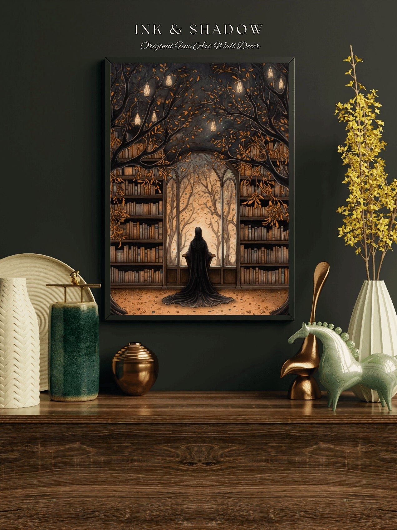 Dark Academia Wall Art Ghost in Library Autumn Aesthetic Goth Art | Victorian Ghost Painting Vintage Halloween Wall Art Reading Lover Gift