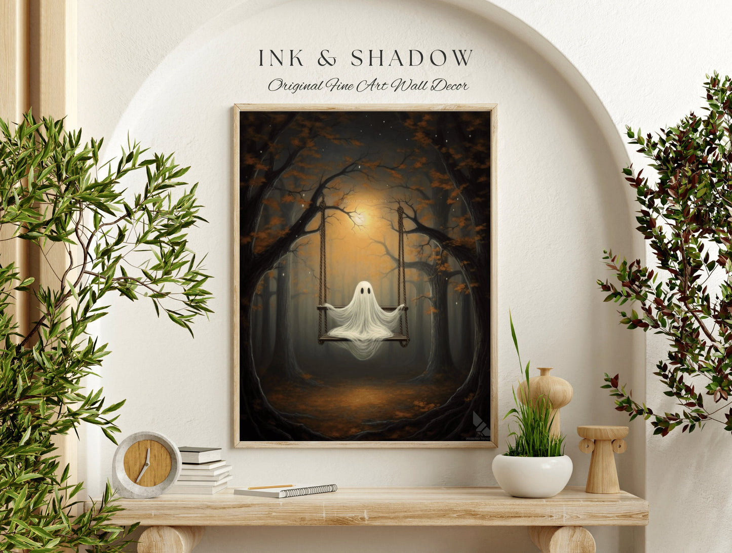 Spooky Ghost on Swing Wall Art Halloween Decor | Ghost Painting Moonlit Spooky Forest Art Print Dark Cottagecore Decor Ghost Art Print