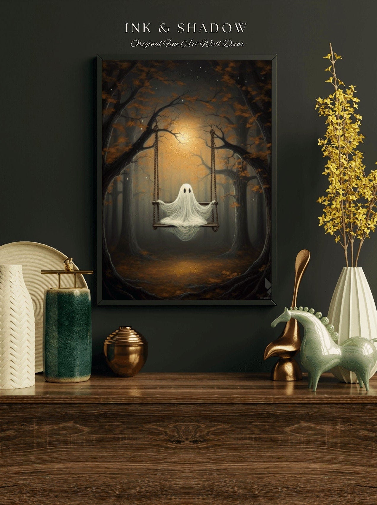 Spooky Ghost on Swing Wall Art Halloween Decor | Ghost Painting Moonlit Spooky Forest Art Print Dark Cottagecore Decor Ghost Art Print