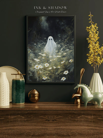 Vintage Ghost with Flowers Painting Dark Academia Wall Art | Dark Floral Cottagecore Ghost Art Print Poster Victorian Gothic Wall Art |