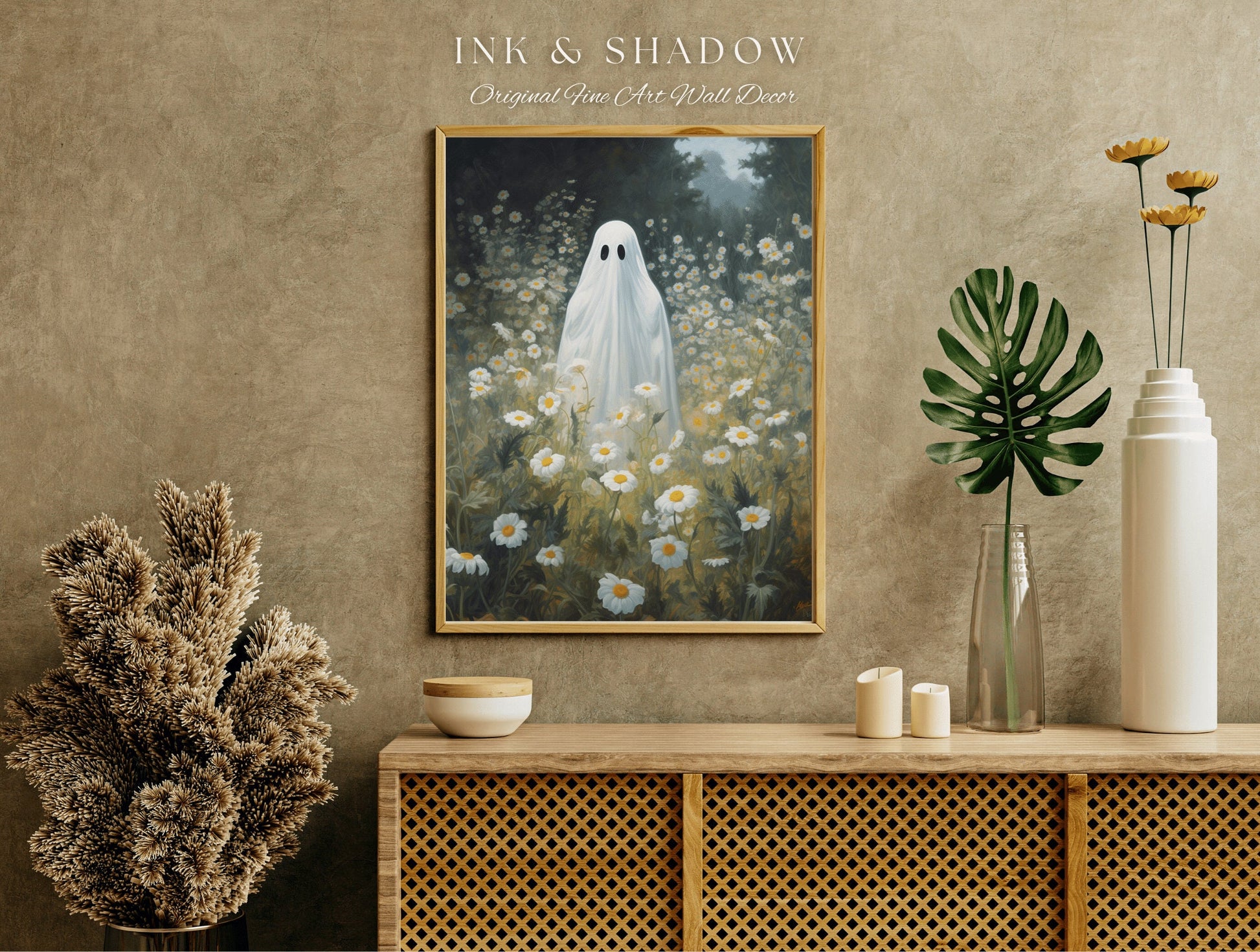 Ghost in Field of Daisies Haunted Meadows Fine Art Print | Spooky Decor Ghost Painting Cottagecore Wall Art Whimsigothic Decor Vintage Art |