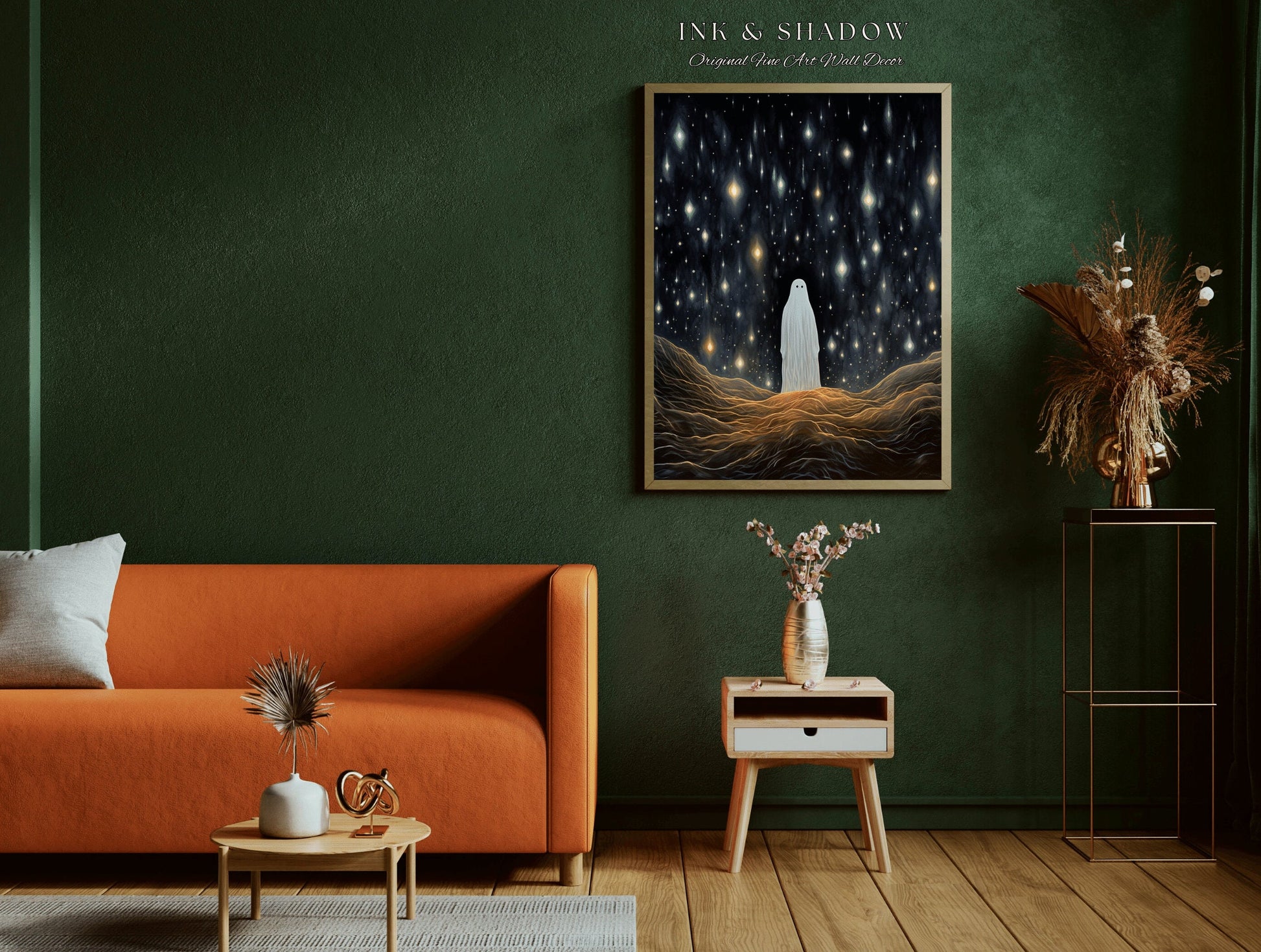 Falling Stars Ghost Painting Dark Cottagecore Decor Celestial Art | Night Sky Shooting Stars Cute Ghost Spooky Wall Decor Whimsigoth Art |