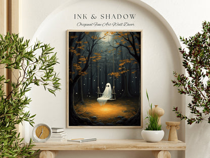 Moody Moonlit Forest Art Print Ghost Painting Dark Cottagecore Decor | Cute Ghost on Swing Spooky Wall Art Vintage Witchy Halloween Decor