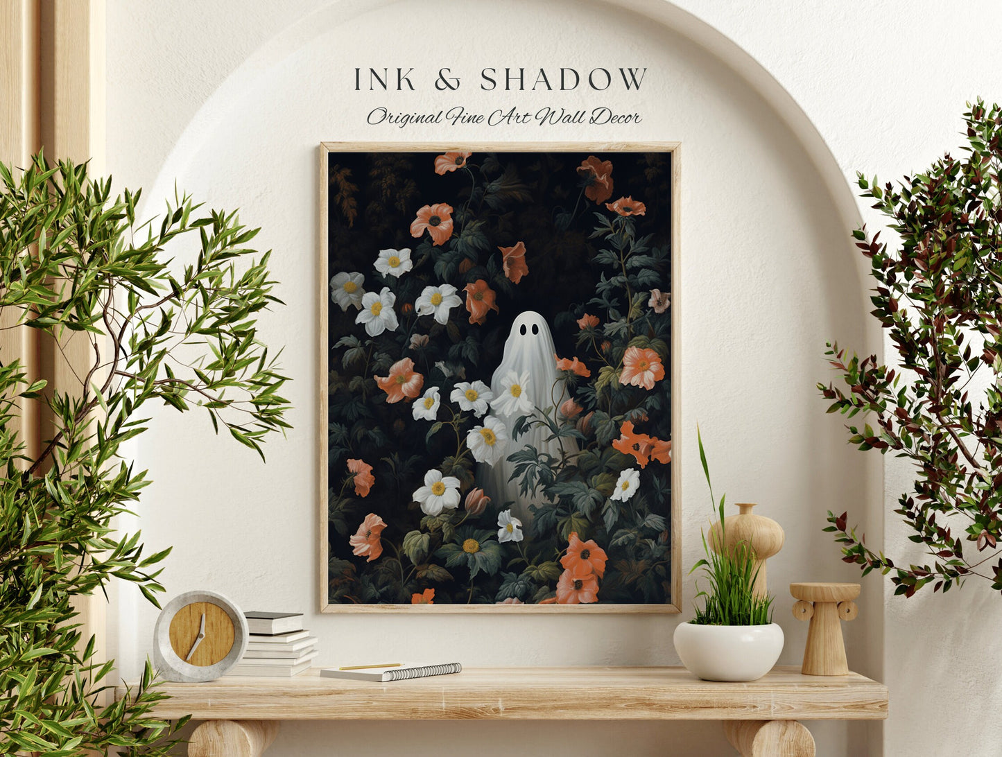 Whimsical Whimsigoth Ghost Art Print Dark Gothic Floral Moody Landscape Print | Dark Cottagecore Botanical Ghost Painting